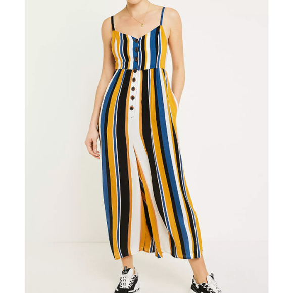 Urban Outfitters Yellow Blue White Striped Sleeveless Cropped Jumpsuit Size Lg - Picture 2 of 11